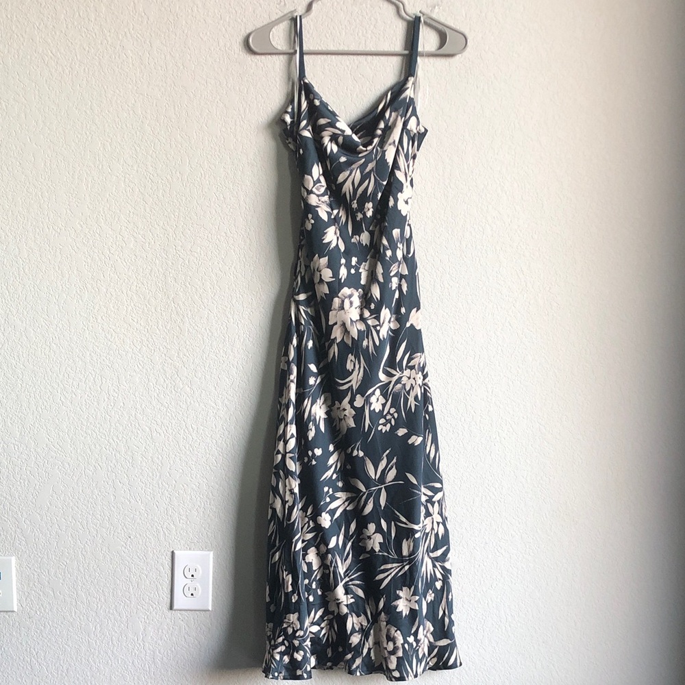 New Dress Forum Satin Cowl Neck Slip Midi Dress Teal Floral